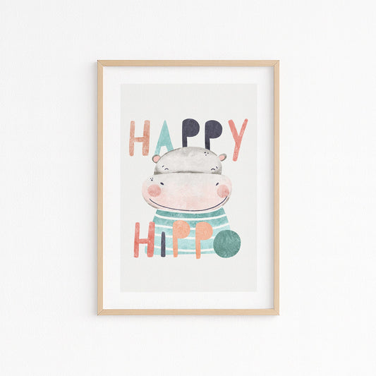 Kinderzimmerbild mit einem Nilpferd und dem Text Happy Hippo- Poster für das Kinderzimmer
