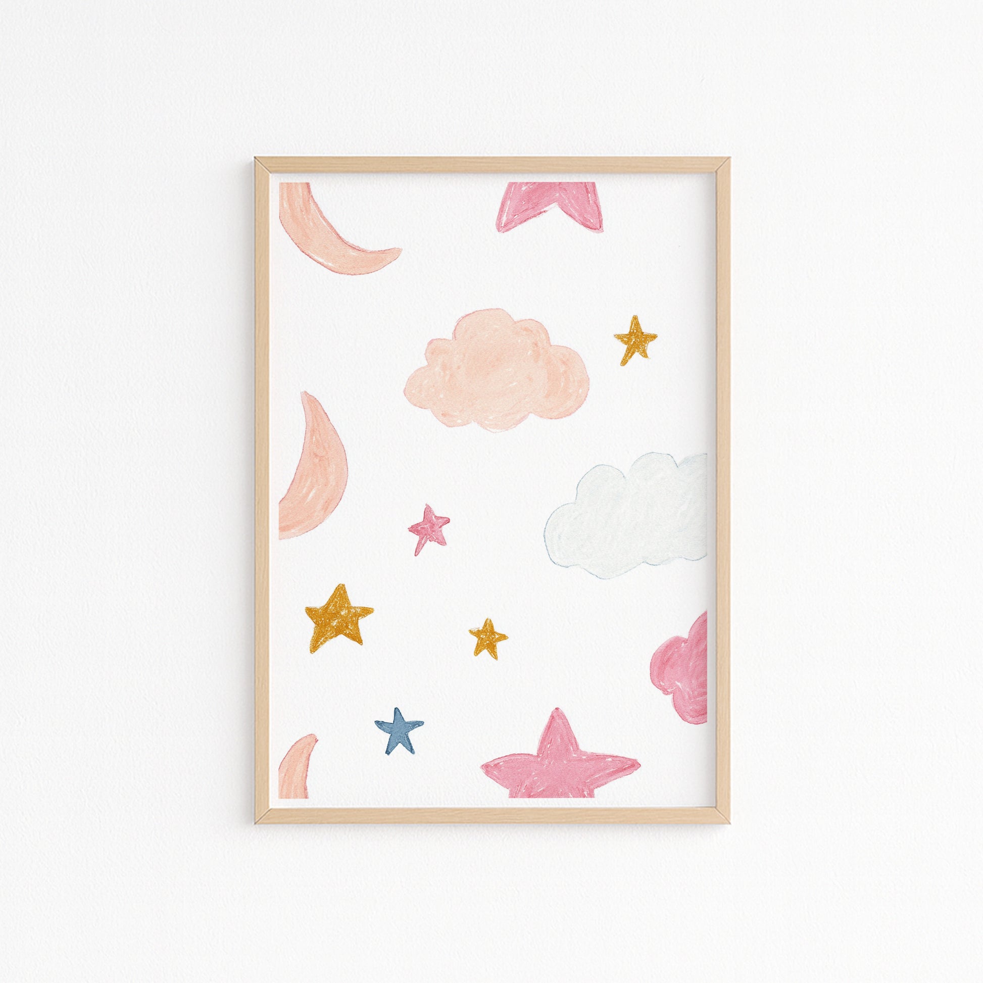 Kinderzimmerbild Himmel bunt mit Mond und Sternen bunt A4 A3 - Poster für das Kinderzimmer babyzimmer 
