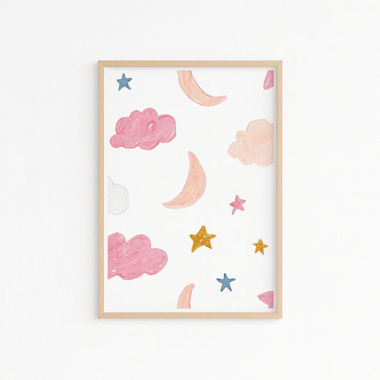 Kinderzimmerbild Himmel bunt mit Mond und Sternen bunt A4 A3 - Poster für das Kinderzimmer babyzimmer