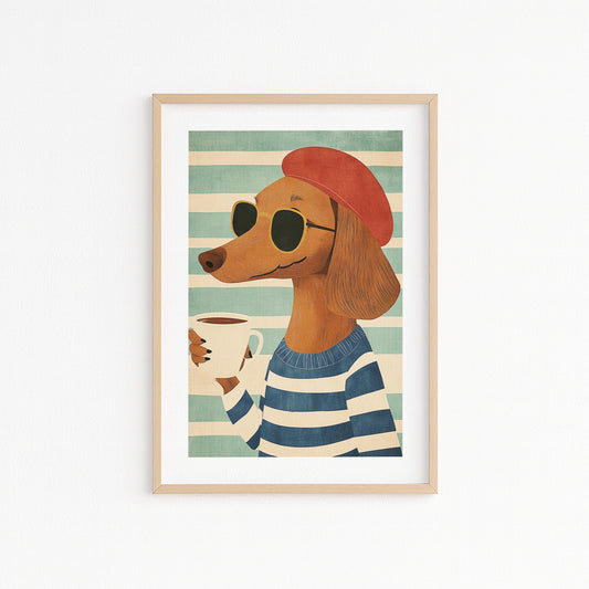 Kinderzimmerbild Hund geniesst eine Tasse Kaffe Din A4 A3 - Poster für das Kinderzimmer babyzimmer