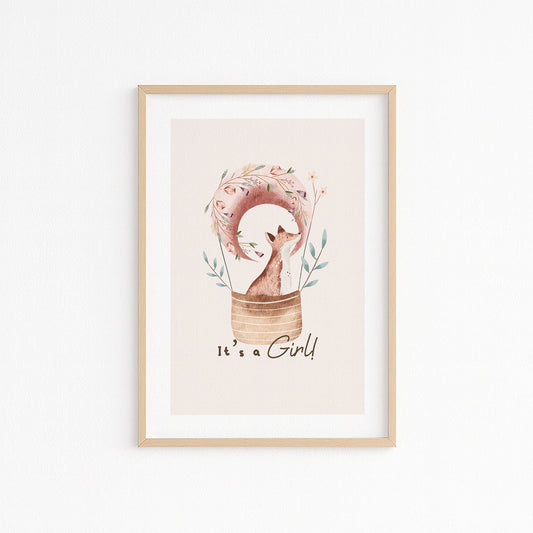 Kinderzimmerbild mit einem Fuchs in einem Heißluftballon mit dem Text it´s a girl - poster für das Kinderzimmer