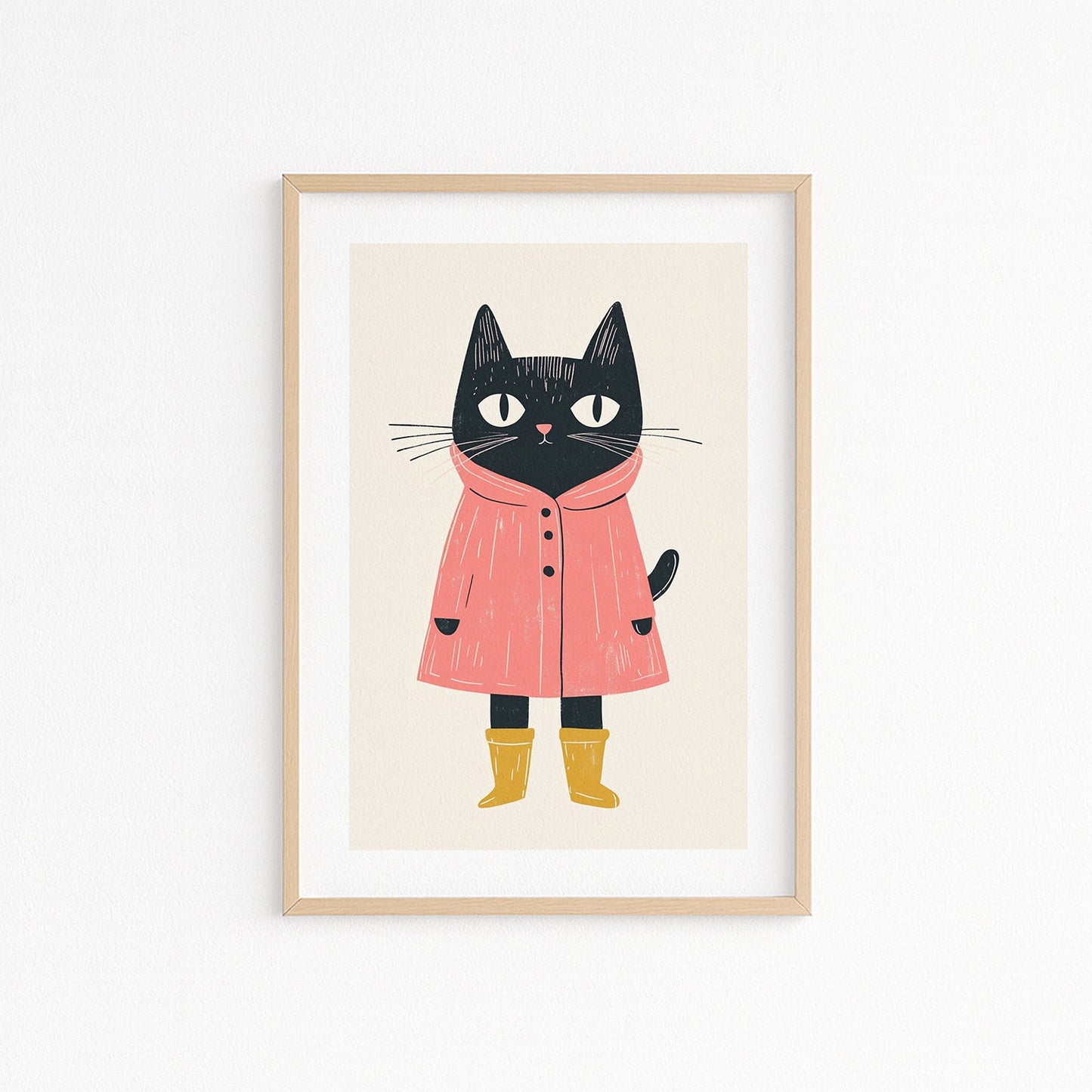 Kinderzimmerbild mit einer Katze die einen Regenmantel und Gummistiefel trägt. Poster für das Kinderzimmer