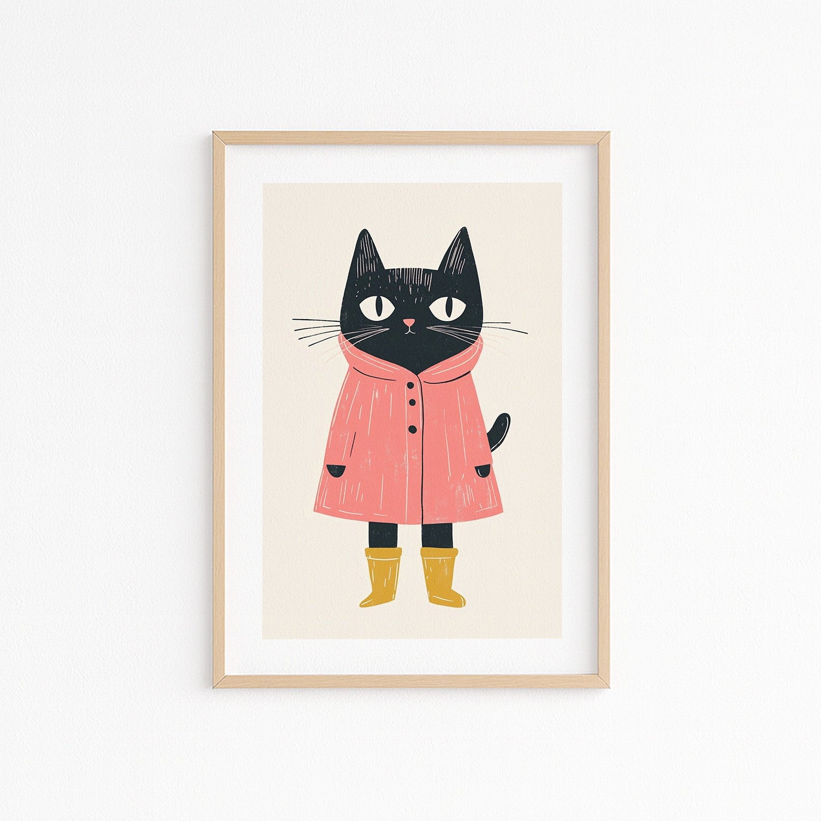 Kinderzimmerbild mit einer Katze die einen Regenmantel und Gummistiefel trägt. Poster für das Kinderzimmer