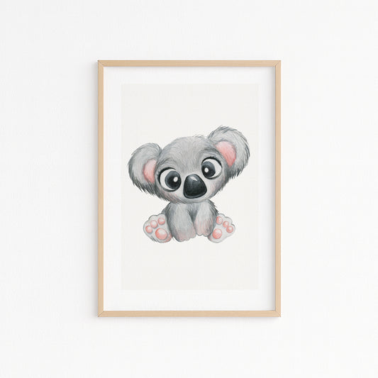 Kinderzimmerbild mit einem gemaltem Koala auf grauem Hintergrund. Poster für das Kinderzimmer Babyzimmer