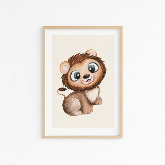 Kinderzimmerbild mit einem gemaltem Löwe auf beigen Hintergrund. Poster für das Kinderzimmer Babyzimmer