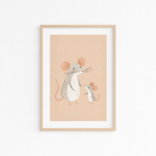 Kinderzimmerbild mit zwei Mäusen auf Beige Hintergrund - Mäusen Familie . Poster für das Kinderzimmer