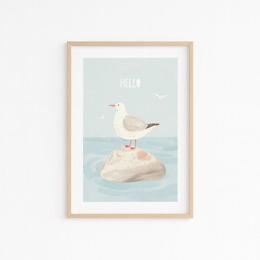 Kinderzimmerbild mit Möven - Motiv auf einem Stein mit dem Text Hallo- Poster für Kinderzimmer
