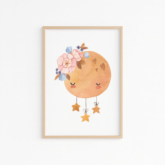 Kinderzimmerbild schlafender Mond mit Sternen A4 A3 - Poster für das Kinderzimmer babyzimmer