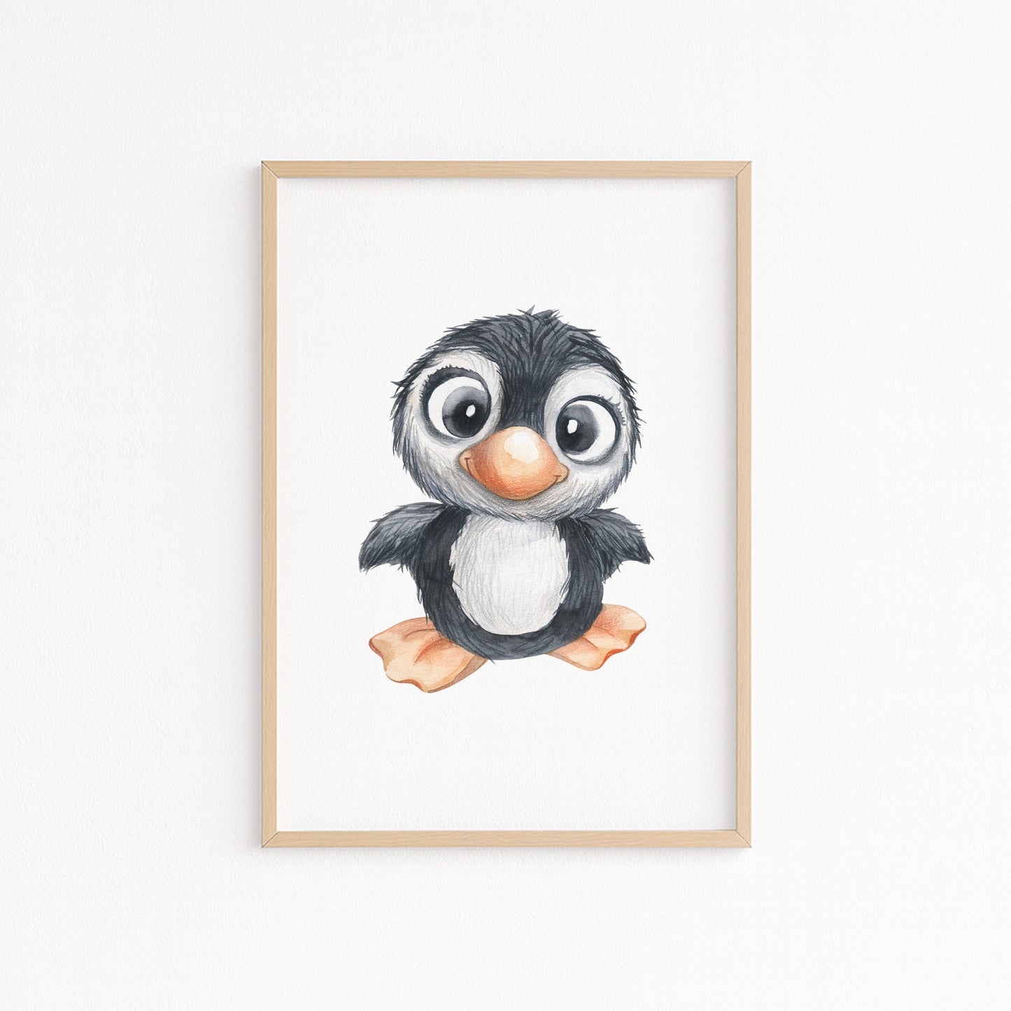 Kinderzimmerbild mit einer gemaltem Pinguin. Poster für das Kinderzimmer Babyzimmer