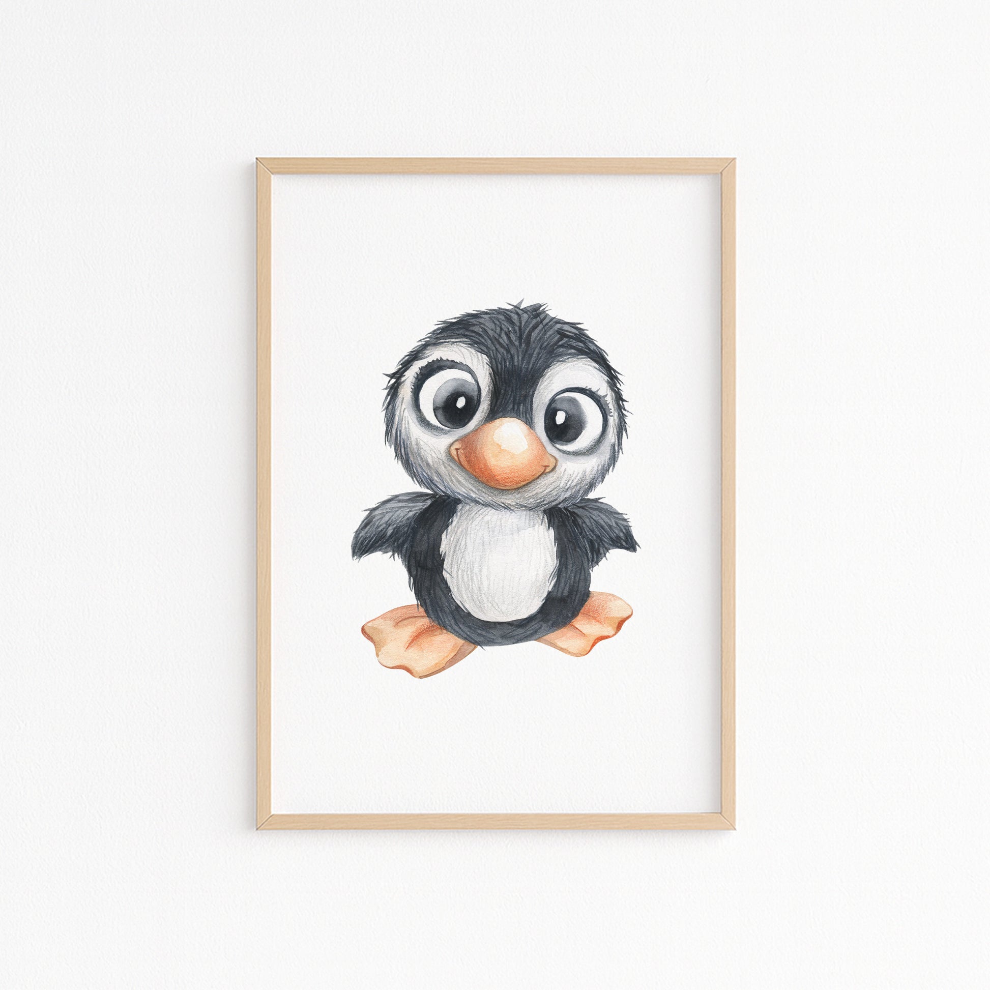 Kinderzimmerbild mit einer gemaltem Pinguin. Poster für das Kinderzimmer Babyzimmer