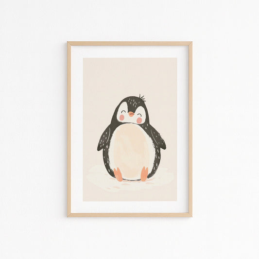 Poster mit niedlich gemalten Pinguin auf beigen Hintergrund - Kinderzimmerbild Kunstdruck Babyzimmer
