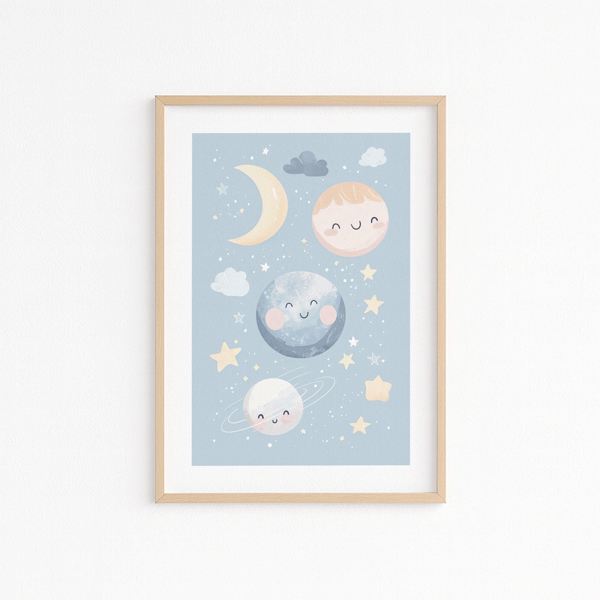 Kinderzimmerbild Planeten  blau Mond Planeten bunt A4 A3 - Poster für das Kinderzimmer babyzimmer 