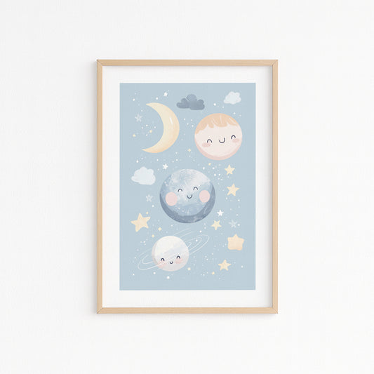 Kinderzimmerbild Planeten blau Mond Planeten bunt A4 A3 - Poster für das Kinderzimmer babyzimmer