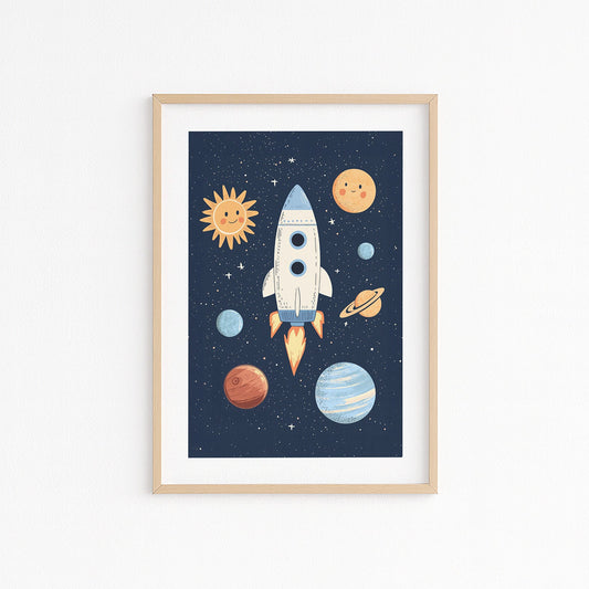 Rakete gemalt fliegt durch das Weltall vorbei an Planeten Sternen und der Sonne Kinderzimmerbild Poster