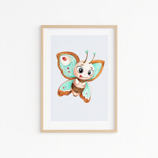 Kinderzimmerbild mit einem gemaltem Schmetterling auf blauem Hintergrund. Poster für das Kinderzimmer Babyzimmer