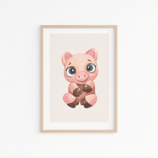 Kinderzimmerbild mit einem gemaltem Schwein auf rosa Hintergrund. Poster für das Kinderzimmer Babyzimmer