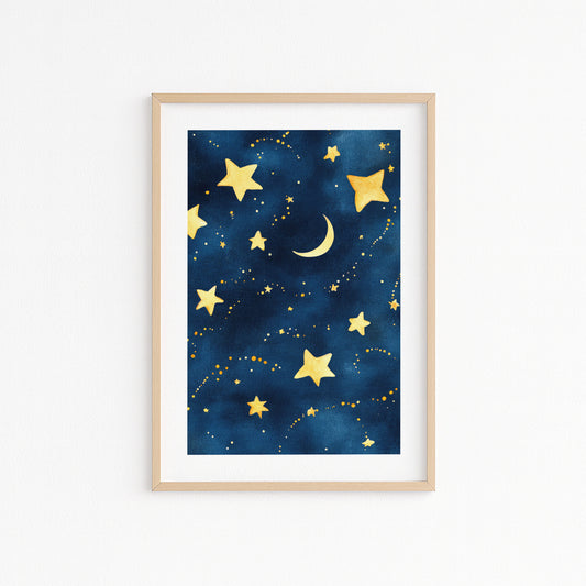 Kinderzimmerbild Sternenhimmel blau mit Mond und Sternen bunt A4 A3 - Poster für das Kinderzimmer babyzimmer
