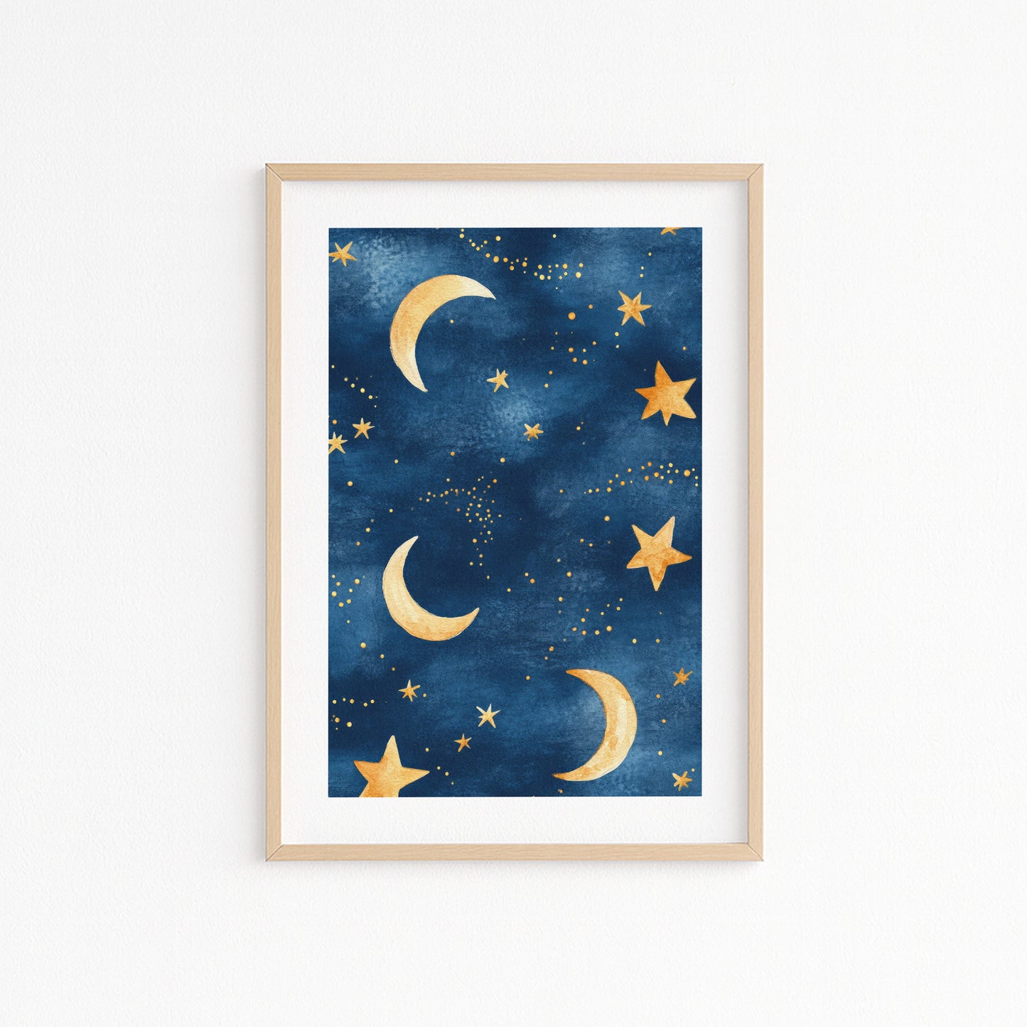 Kinderzimmerbild Sternenhimmel blau mit Mond und Sternen bunt A4 A3 - Poster für das Kinderzimmer babyzimmer 