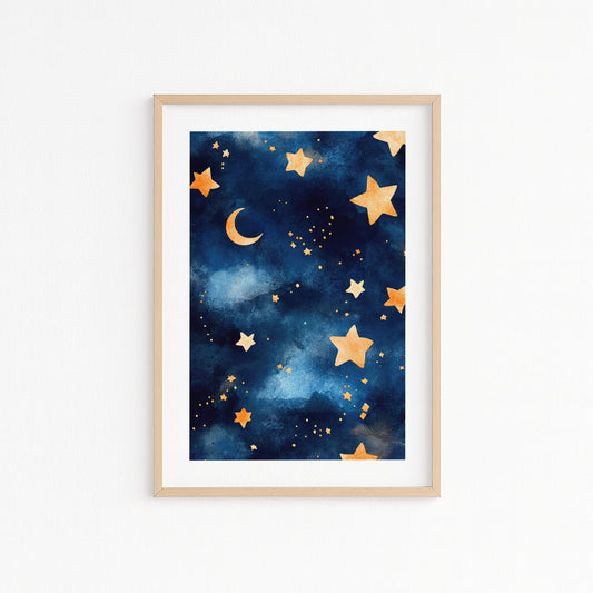 Kinderzimmerbild Sternenhimmel blau mit Mond und Sternen bunt A4 A3 - Poster für das Kinderzimmer babyzimmer 