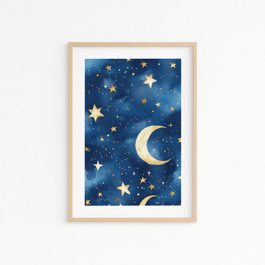 Kinderzimmerbild Sternenhimmel blau mit Mond und Sternen bunt A4 A3 - Poster für das Kinderzimmer babyzimmer