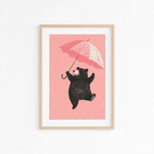 Tanzender Bär mit einem Regenschirm gemalt auf pinken hintergrund - Kinderzimmer Bild Poster