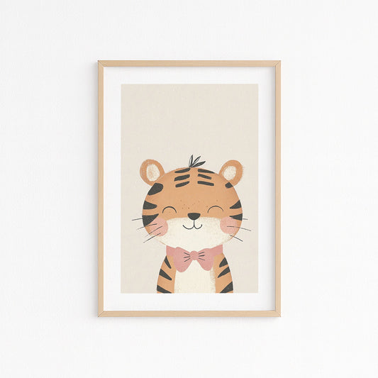 Wandbild mit gezeichneten Tiger mit einer roten Fliege um den Hals auf beigen Hintergrund. 
