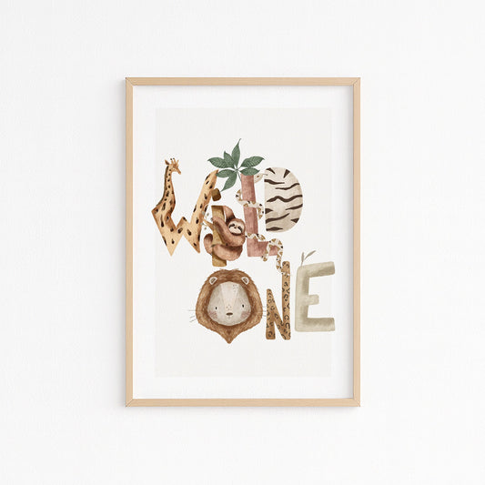 Kinderzimmerbild mit Tieren welche die Wörter Wild One ergeben Bunt