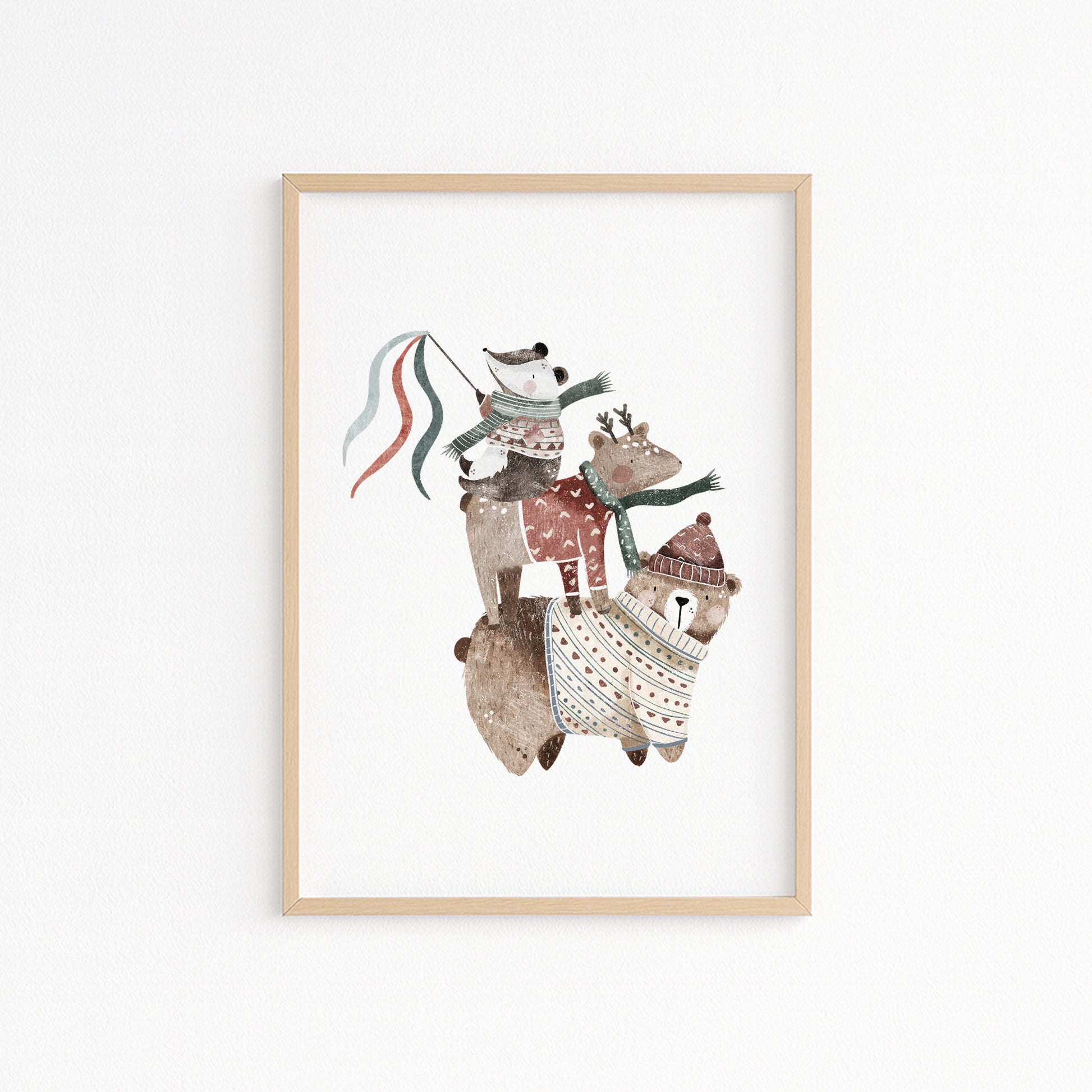 Kinderzimmerbild Bär Dachs Reh im Winter gemalt bunt A4 A3 - Poster für das Kinderzimmer babyzimmer