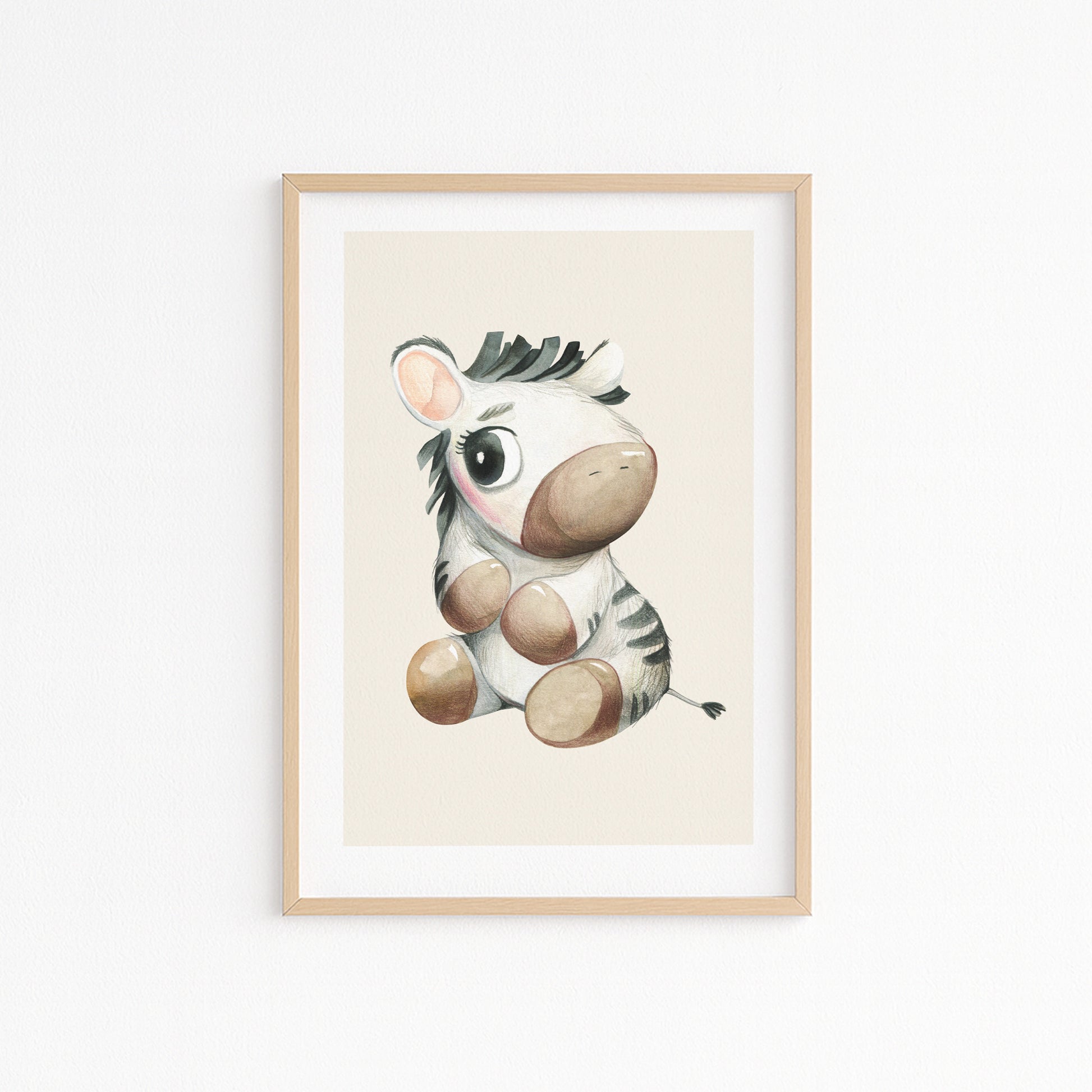Kinderzimmerbild mit einem gemaltem Zebra auf beigen Hintergrund. Poster für das Kinderzimmer Babyzimmer