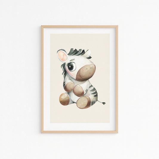 Kinderzimmerbild mit einem gemaltem Zebra auf beigen Hintergrund. Poster für das Kinderzimmer Babyzimmer