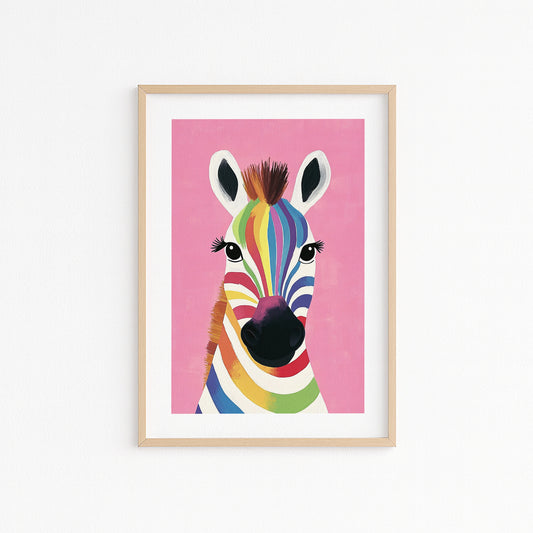 Kinderzimmerbild Zebra bunt auf pinkem Hintergrund mit Sternen Din A4 A3 - Poster für das Kinderzimmer babyzimmer