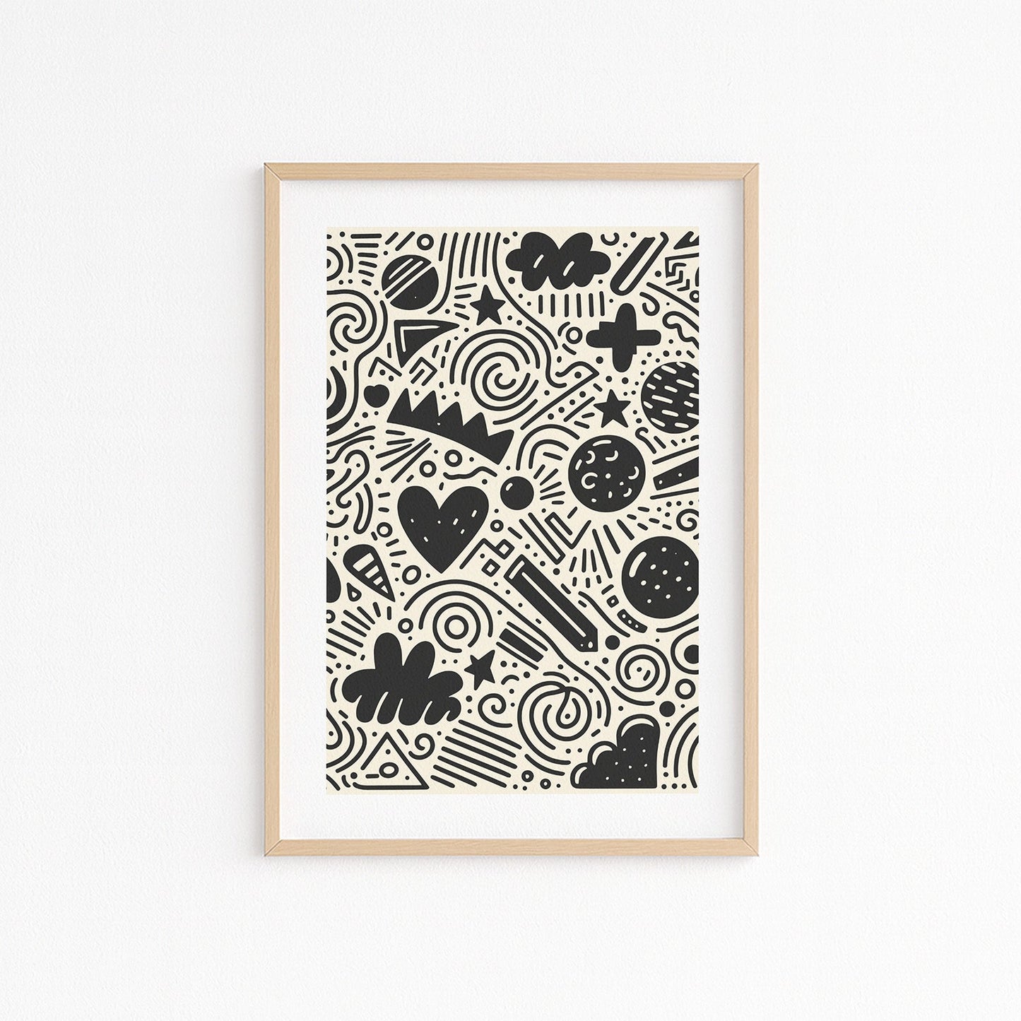 Kinderzimmerbild mit doodle zeichnungen schwarz auf beigen hintergrund - poster für das Kinderzimmer