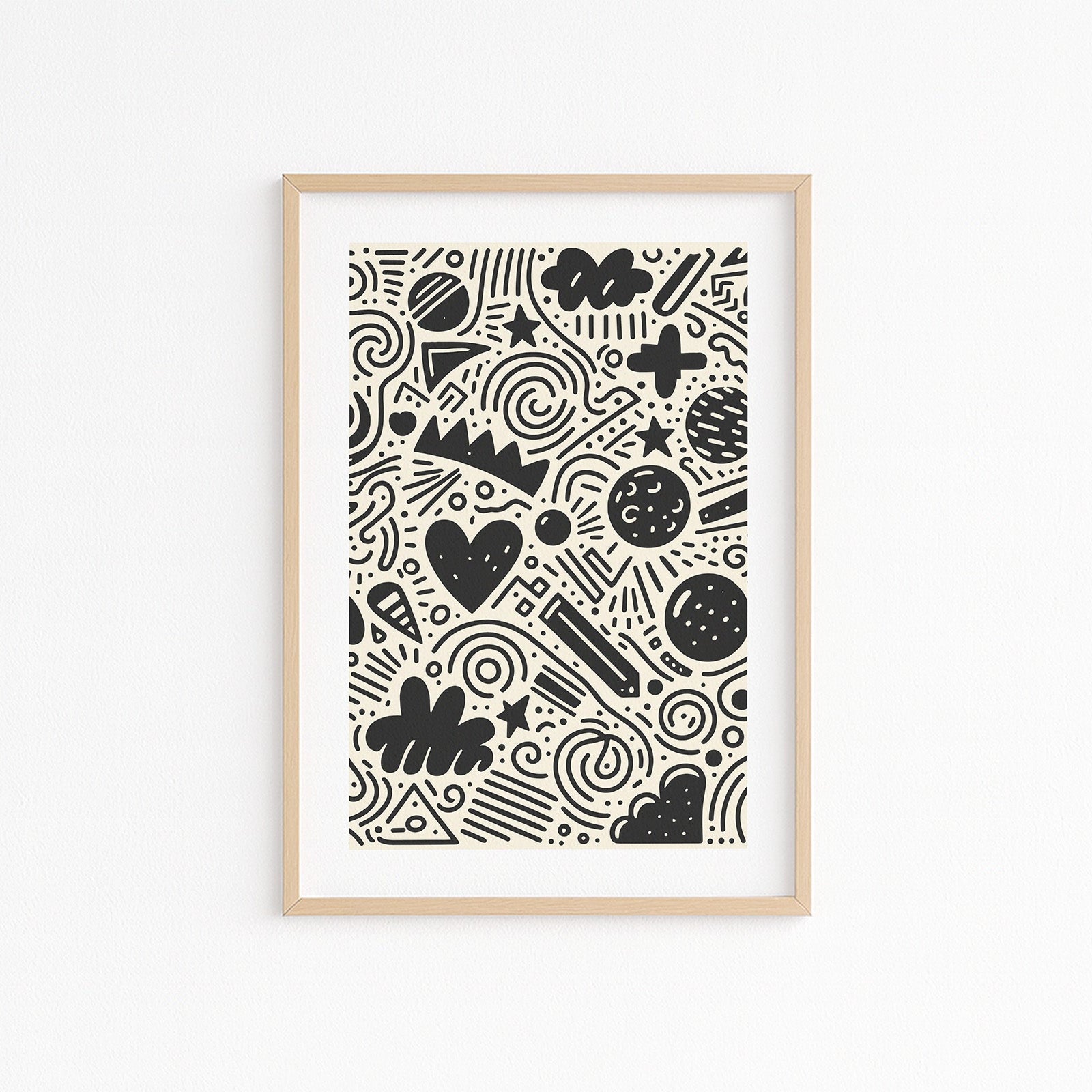 Kinderzimmerbild mit doodle zeichnungen schwarz auf beigen hintergrund - poster für das Kinderzimmer