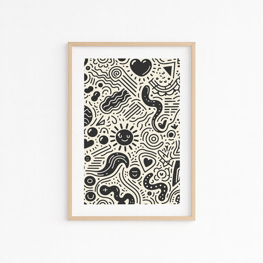 Kinderzimmerbild mit doodle zeichnungen schwarz auf beigen hintergrund - poster für das Kinderzimmer