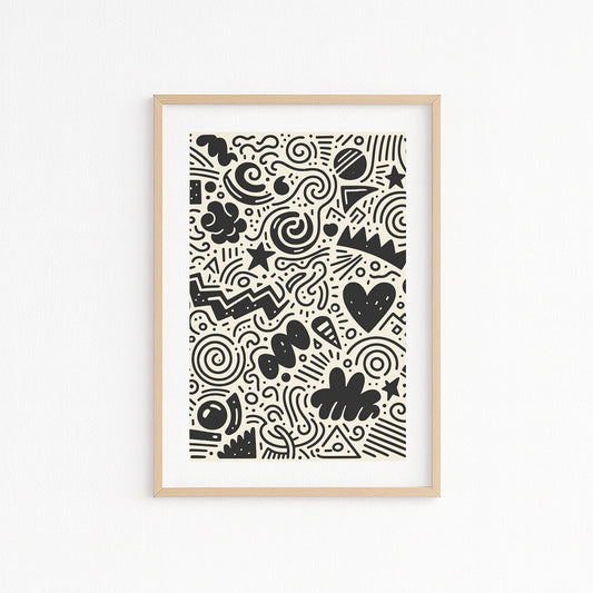 Kinderzimmerbild mit doodle zeichnungen schwarz auf beigen hintergrund - poster für das Kinderzimmer