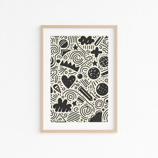 Kinderzimmerbild mit doodle zeichnungen schwarz auf beigen hintergrund - poster für das Kinderzimmer