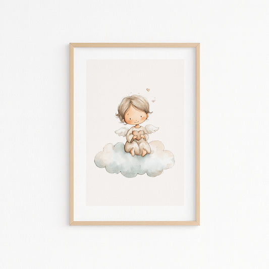Kinderzimmerbild mit einem gemaltem Engel auf einer Wolke Poster für das Kinderzimmer Babyzimmer