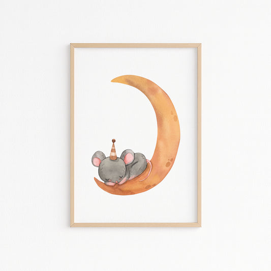 Kinderzimmerbild Maus schlafend auf einem Mond A4 A3 - Poster für das Kinderzimmer babyzimmer 