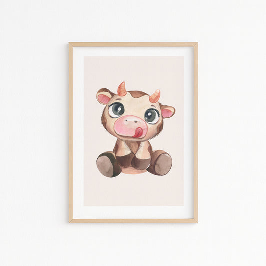 Kinderzimmerbild mit einem gemaltem Kuh auf rosa Hintergrund. Poster für das Kinderzimmer Babyzimmer