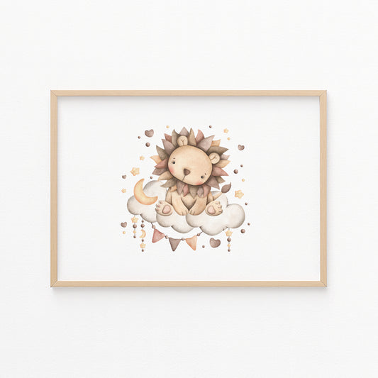 Kinderzimmerbild mit einem Löwen auf einer Wolke mit Sternen gemalt - Poster für das Kinderzimmer - Babyzimmer A3 & A4