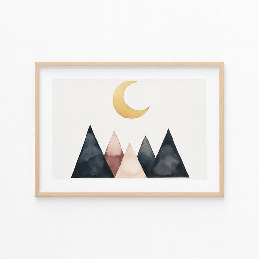 Kinderzimmerbild Landschaft mit Mond und Berge bunt gemalt mit Hintergrund - Poster für das Kinderzimmer babyzimmer A4 & A3