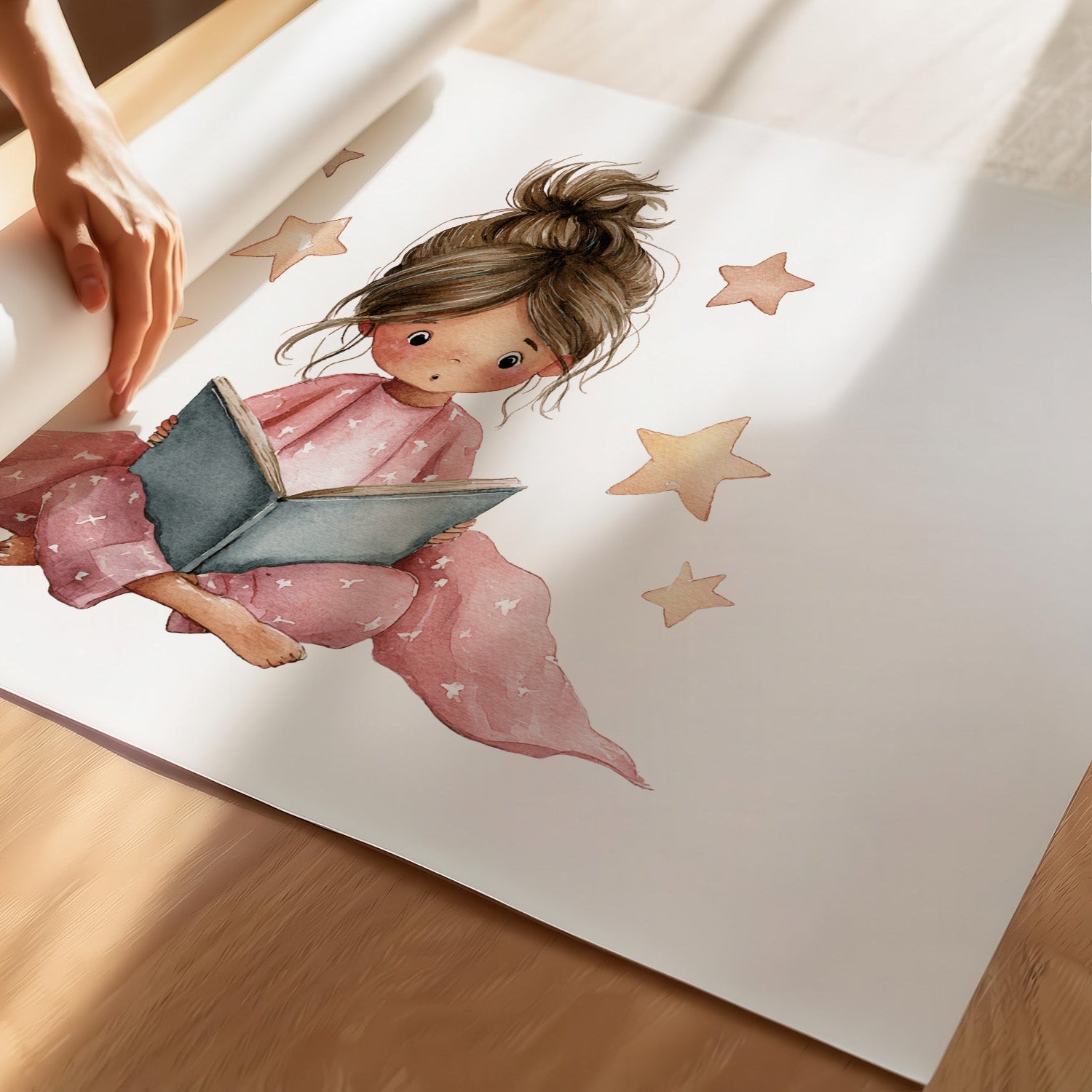 Kinderzimmerbild Leseecke mit einem Mädchen was ein Buch liest gemalt - Poster für das Kinderzimmer - Babyzimmer A3 & A4