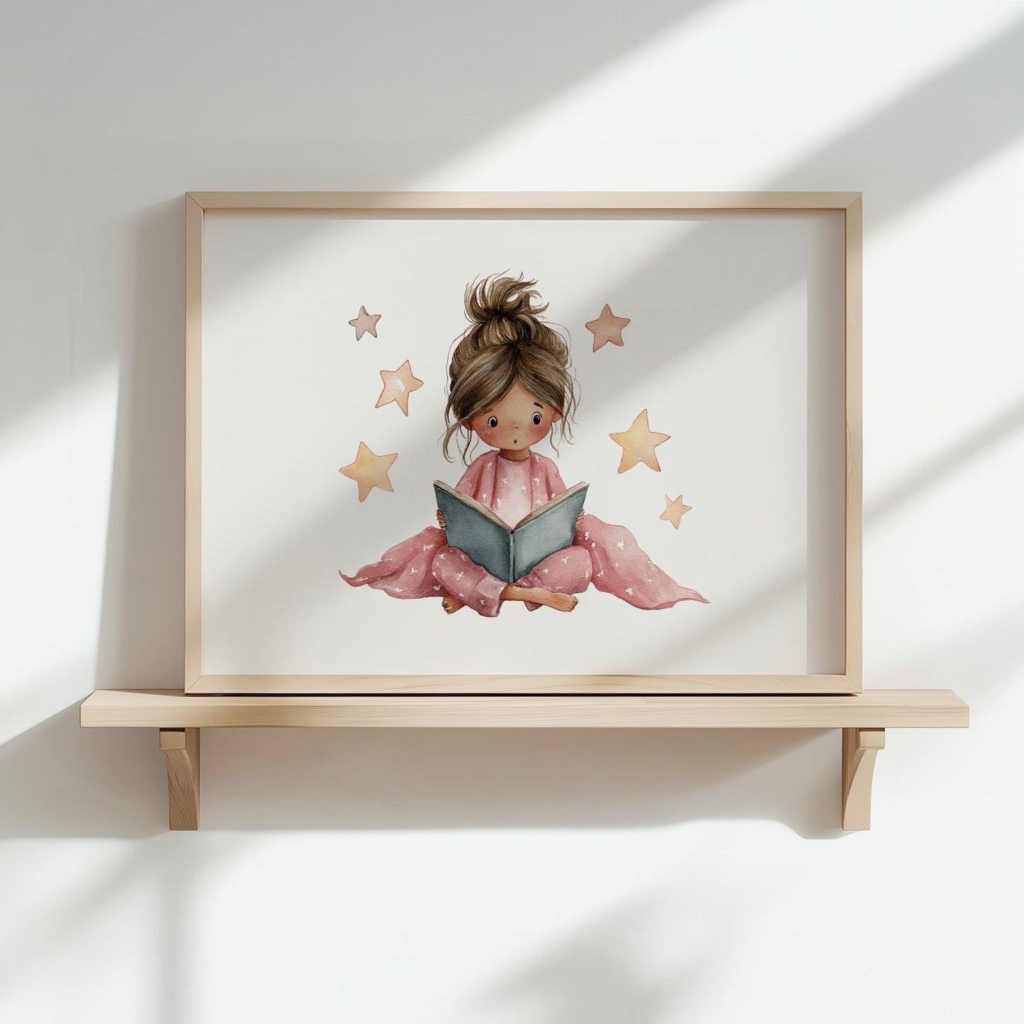 Kinderzimmerbild Leseecke mit einem Mädchen was ein Buch liest gemalt - Poster für das Kinderzimmer - Babyzimmer A3 & A4