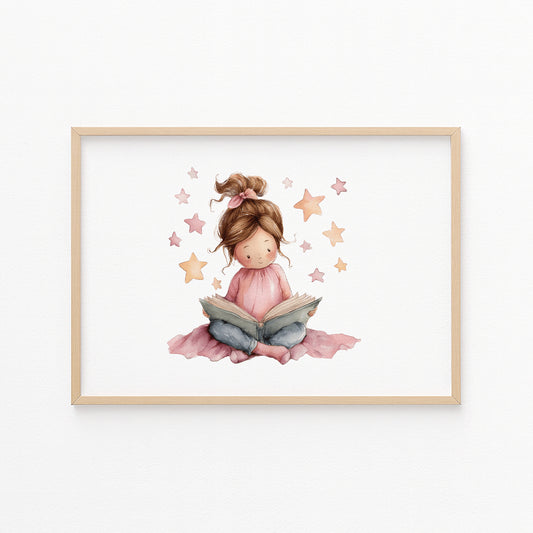 Kinderzimmerbild Leseecke mit einem Mädchen was ein Buch liest gemalt - Poster für das Kinderzimmer - Babyzimmer A3 & A4