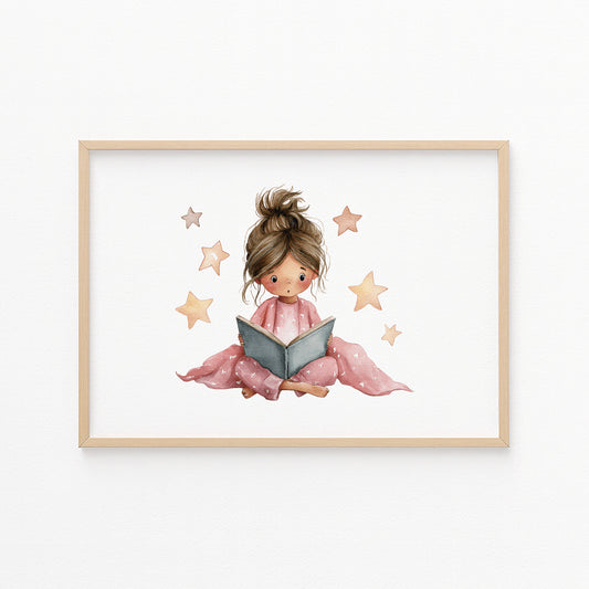 Kinderzimmerbild Leseecke mit einem Mädchen was ein Buch liest gemalt - Poster für das Kinderzimmer - Babyzimmer A3 & A4