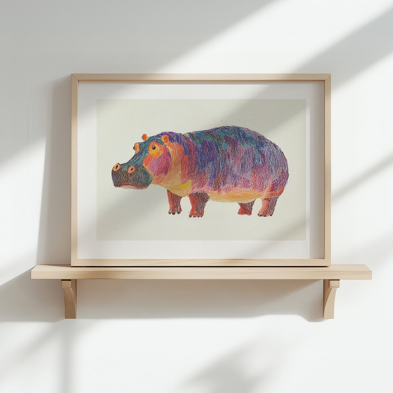 Kinderzimmerbild Nilpferd bunt gemalt mit Hintergrund - Poster für das Kinderzimmer babyzimmer A4 & A3