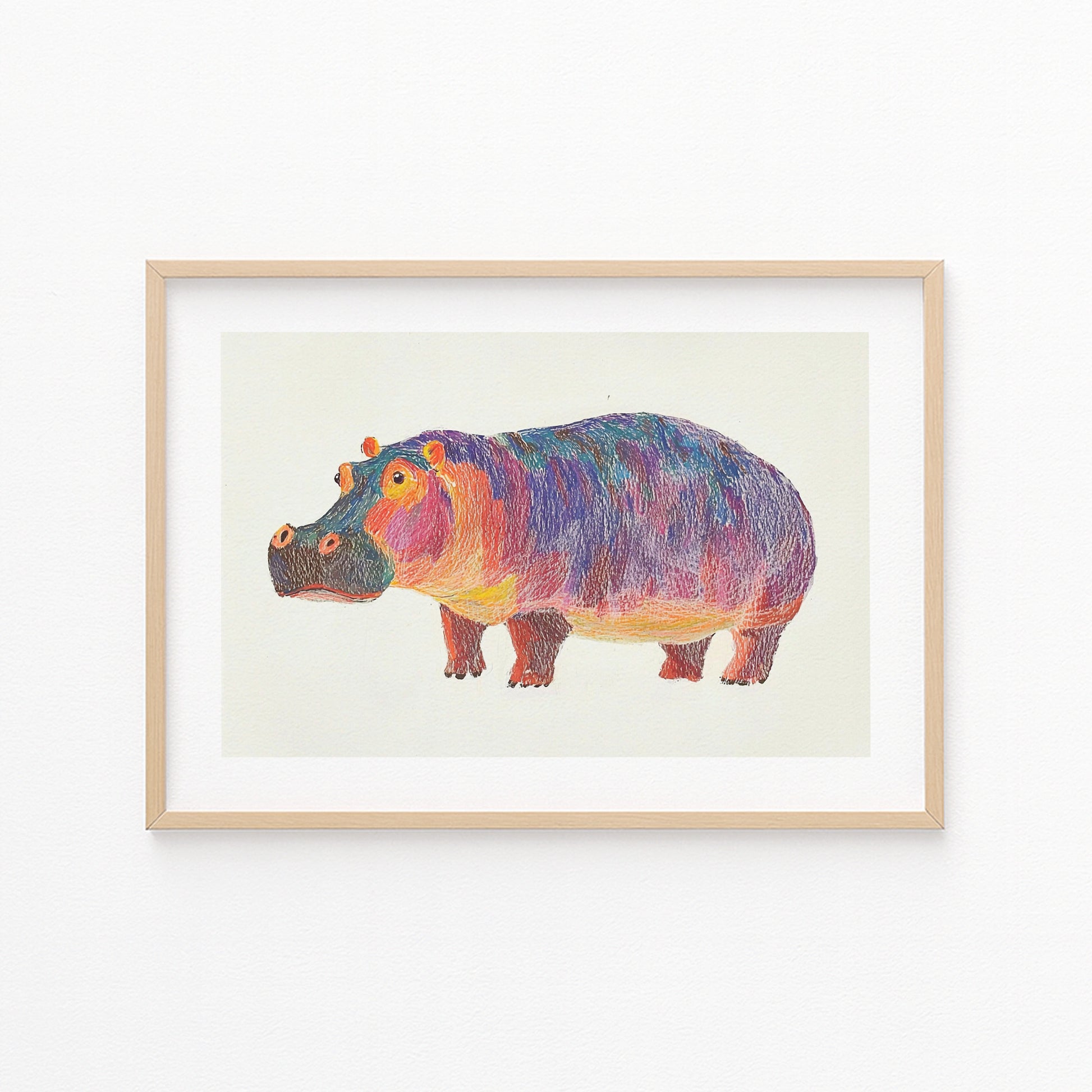 Kinderzimmerbild Nilpferd bunt gemalt mit Hintergrund - Poster für das Kinderzimmer babyzimmer A4 & A3