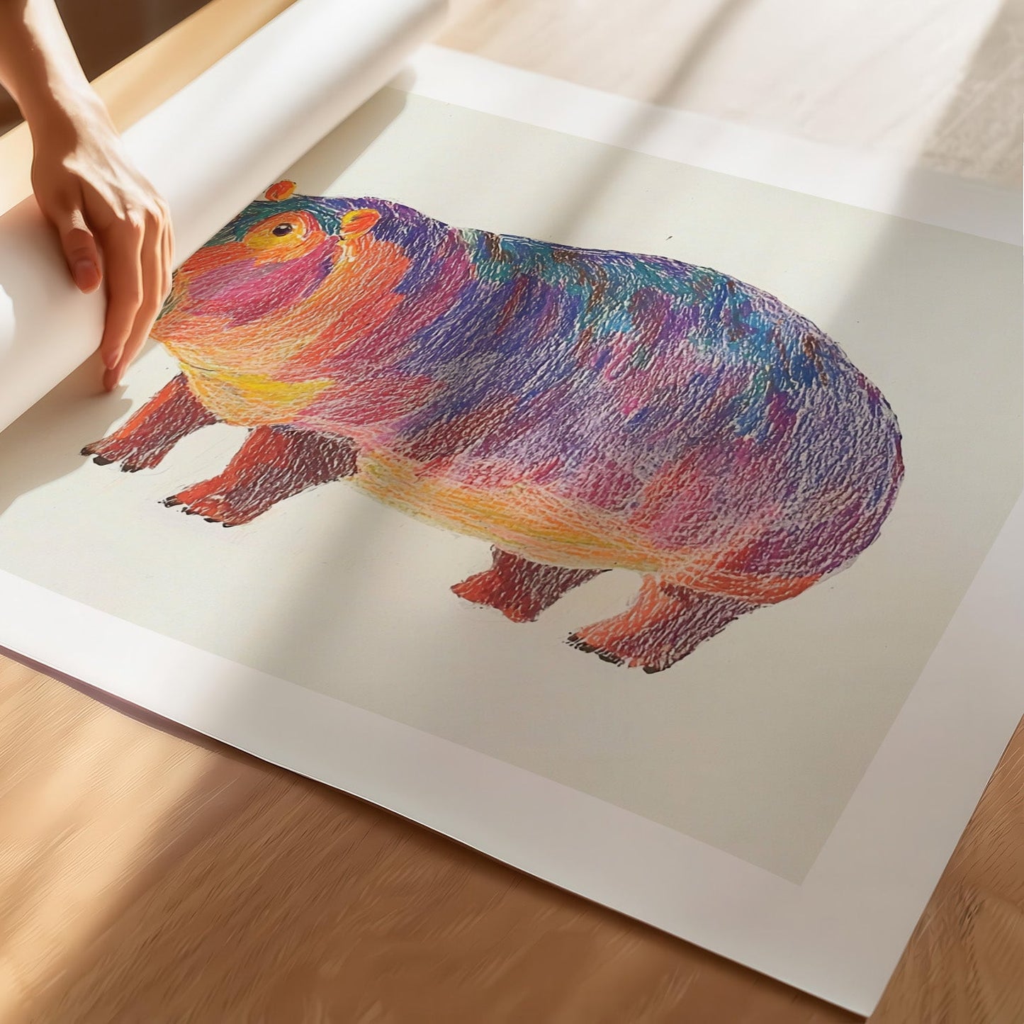 Kinderzimmerbild Nilpferd bunt gemalt mit Hintergrund - Poster für das Kinderzimmer babyzimmer A4 & A3