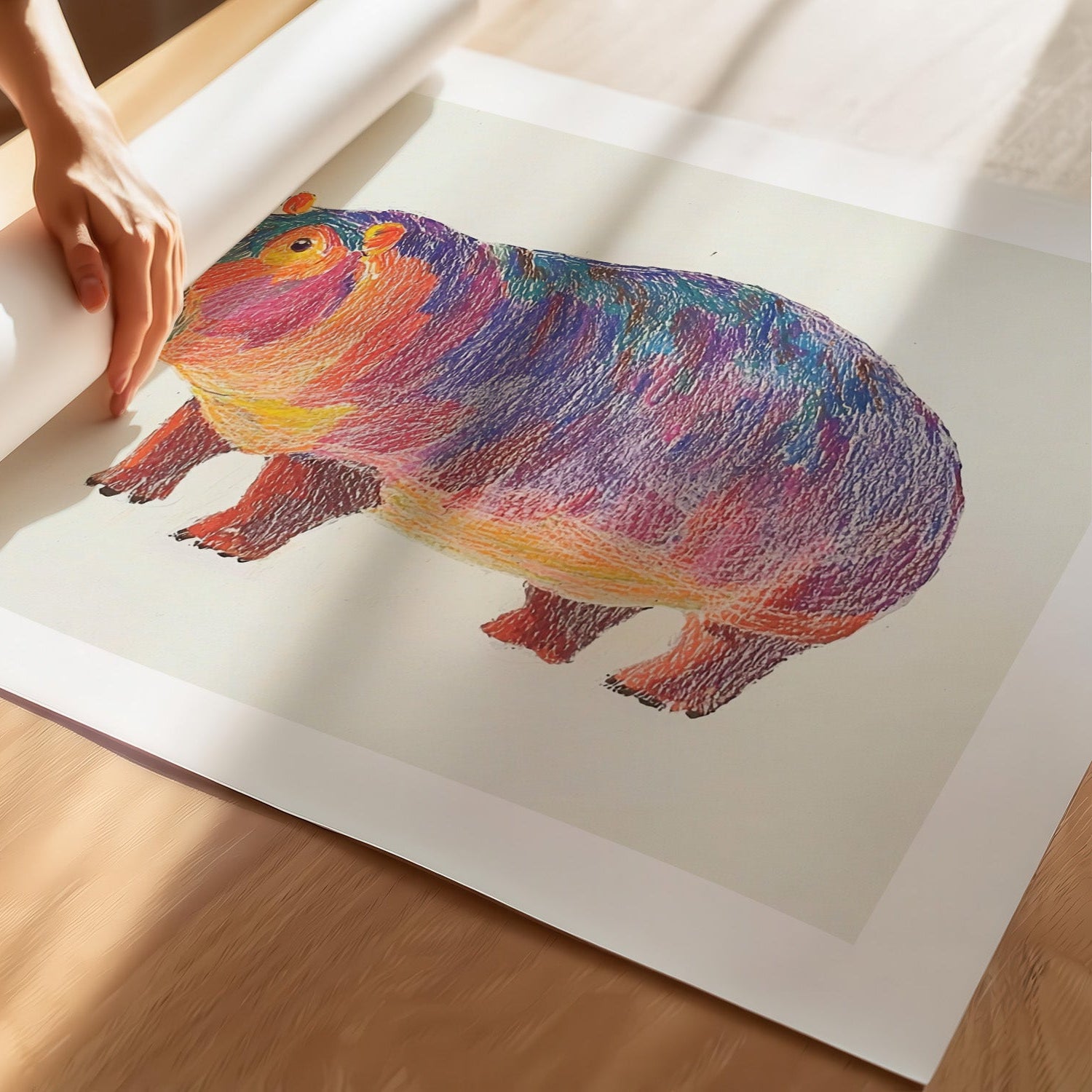 Kinderzimmerbild Nilpferd bunt gemalt mit Hintergrund - Poster für das Kinderzimmer babyzimmer A4 & A3