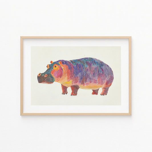 Kinderzimmerbild Nilpferd bunt gemalt mit Hintergrund - Poster für das Kinderzimmer babyzimmer A4 & A3